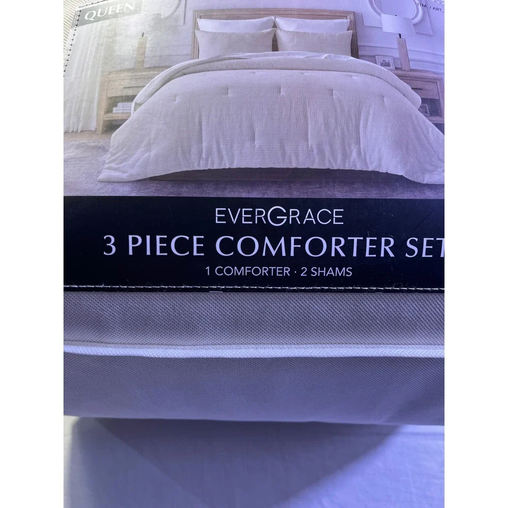 Evergrace 3 Piece Comforter Set Queen Cream NEW Textured Waffle Weave